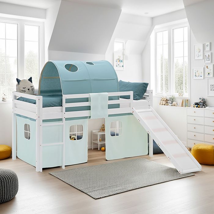 Lit mezzanine enfant 90x200 cm Blanc avec rideau & tunnel Vert Menthe  Toboggan  sans sommier