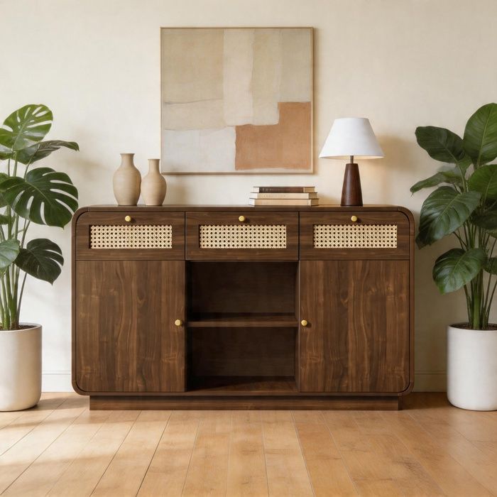Commode buffet - 120 cm Noyer - Rotin tissé - 3 tiroirs & 2 portes - Plateaux réglables