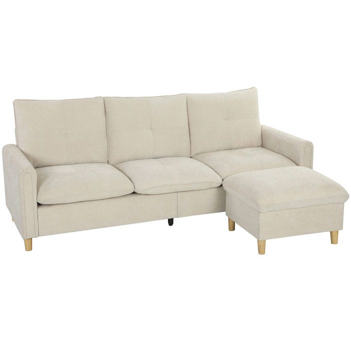 Canapé 3 places - HOMCOM - pouf de rangement - assise large - tissu aspect lin pieds en bois dhévéa - 210 x 77 x 80 cm - crème