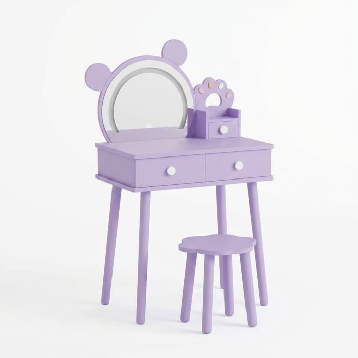 AFF Coiffeuse Enfant en Bois avec Miroir LED Ourson–Table de Maquillage Princesse avec tiroirs de Rangement et Tabouret Violet