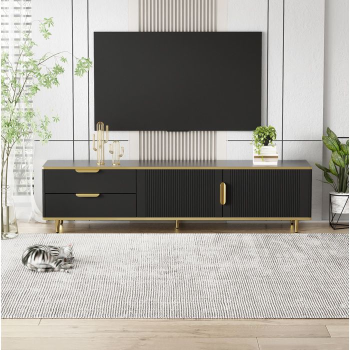 Meuble TV 170 cm avec 2 tiroirs et 2 portes façades sculptées rangement pour salon MDF noir et or - UVRION