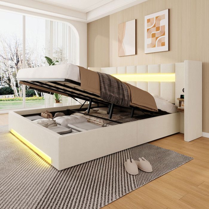 Lit 180x200 avec sommier et LED et large tête de Lit Double avec 2 ports USB et hydraulique et angement sous le Velours Beige