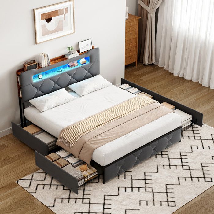 Lit Coffre 140x190 cm avec 4 tiroirstête de lit LED avec espace de rangement et USBLit Double RembourréVeloursGris