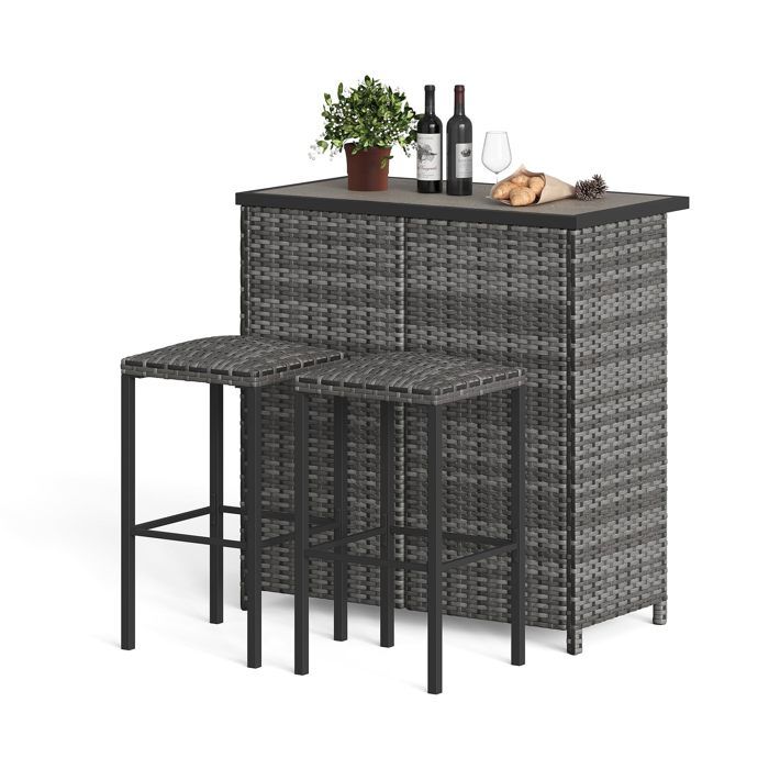Ensemble bar de jardin en rotin PE 2 tabourets avec coussins et table haute à 2 étagères pour terrasse balcon jardin gris
