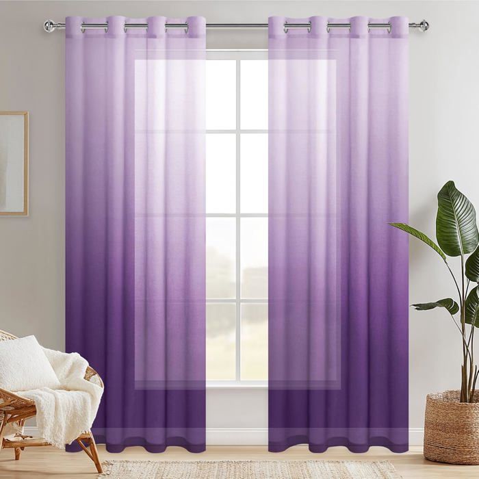 Lot De 2 Voilages Rideaux Dégradé À Oeillet De Fenêtre En Polyester De Couleur Changée Voile Ombre Demi-Transparent Décor Po[RO997]