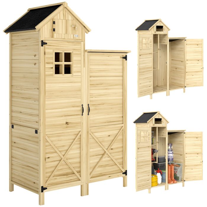 Armoire de jardin - abri de jardin - Outsunny - toit en asphalte double zone et étagères amovibles - bois - 106x57x167cm - naturel