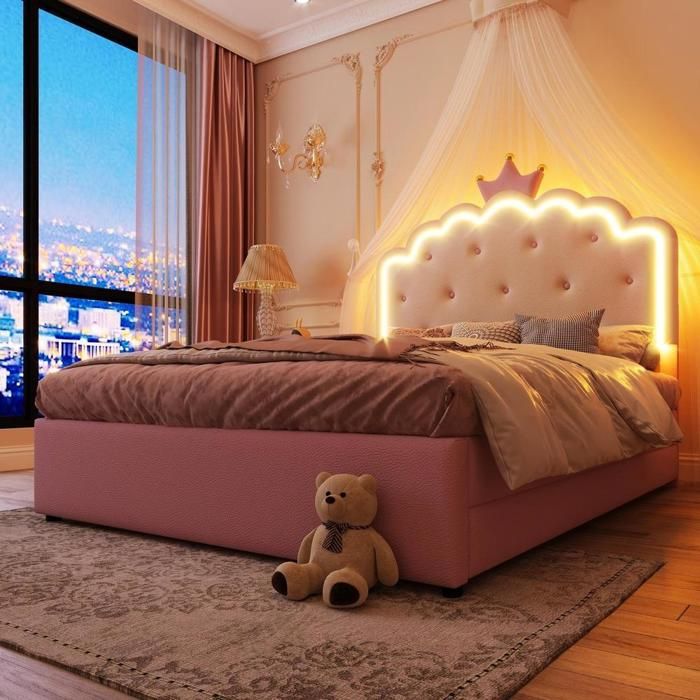 Lit - KOMHTOM - Princesse - 140x200 cm - Lit gigogne + 2 tiroirs - LED télécommande Lit - KOMHTOM - Princesse - 140x200 cm - Lit gigogne + 2 tiroirs - LED télécommande