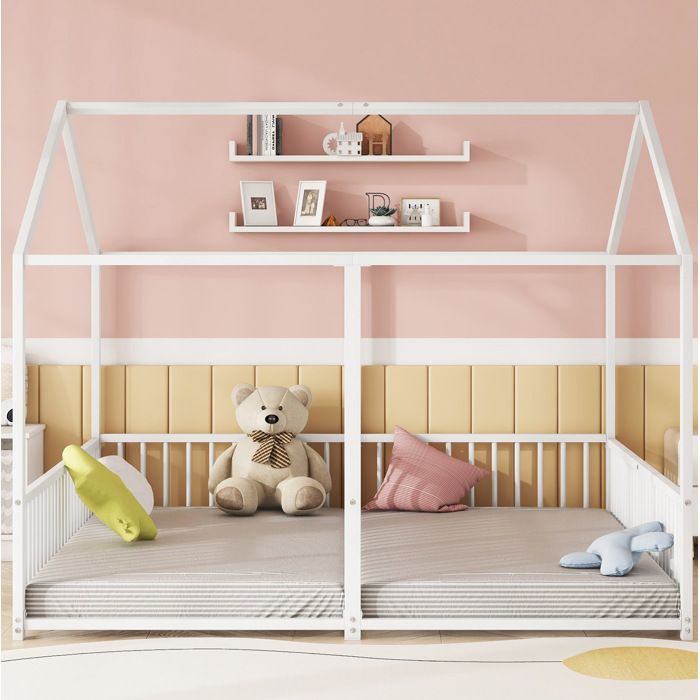 Lit Cabane Enfant Double 90×200 cm et 90×200 cm Barrières - ELVMI - Sans Matelas Métal - Blanc