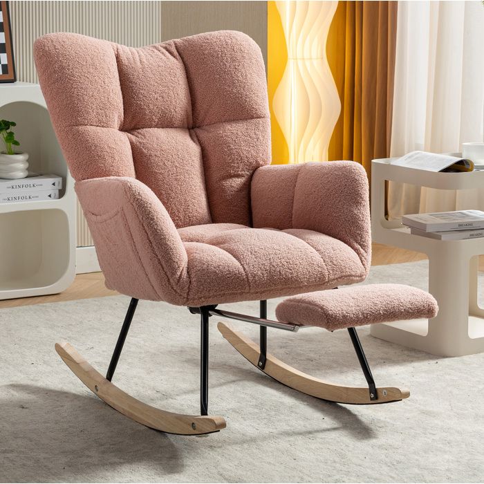 Fauteuil à Bascule avec Repose-pieds Escamotable et Dossier Haut - TCQPZ - Accoudoirs Tissu Teddy Rose