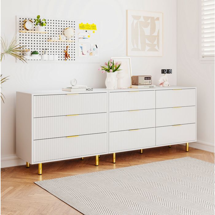 Buffet bas modulaire 9 Tiroirs façades texturées et pieds métalliques - ELVMI - Blanc et or pour Salon 200×40×72 cm