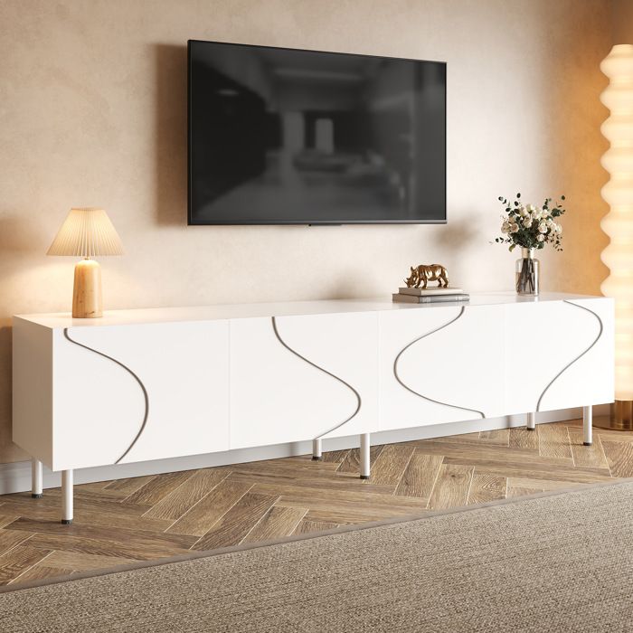 Meuble TV avec 4 portes push-to-open passe-cables pieds en metal PB et MDF blanc pour salon 170×35×50 cm - UVRION