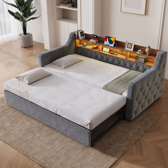 Canapé-lit gigogne - Velours doux - Gris foncé - 90x190 cm - Accoudoirs confortables
