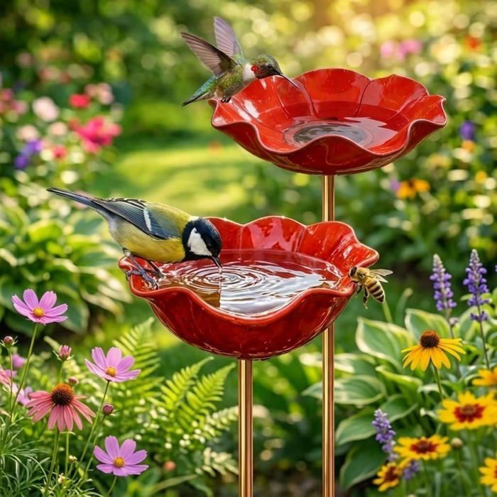 Lot de 2 Abreuvoir Oiseau - Piquet Métal - Forme Fleur - Bain Extérieur - Jardin Pelouse MICRODERMABRASION
