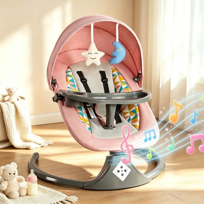 Balancelle bébé électrique - 5 Vitesses - Musique Bluetooth - Minuterie 15/30/45min - Avec télécommande - Fauteuil à bascule - Rose
