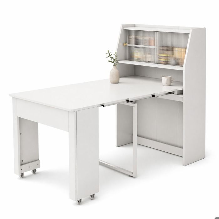 ELVORIN Table à manger extensible 52/132 5 x 80 x 120 cm blanche avec rangement en panneaux de particules métal et verre
