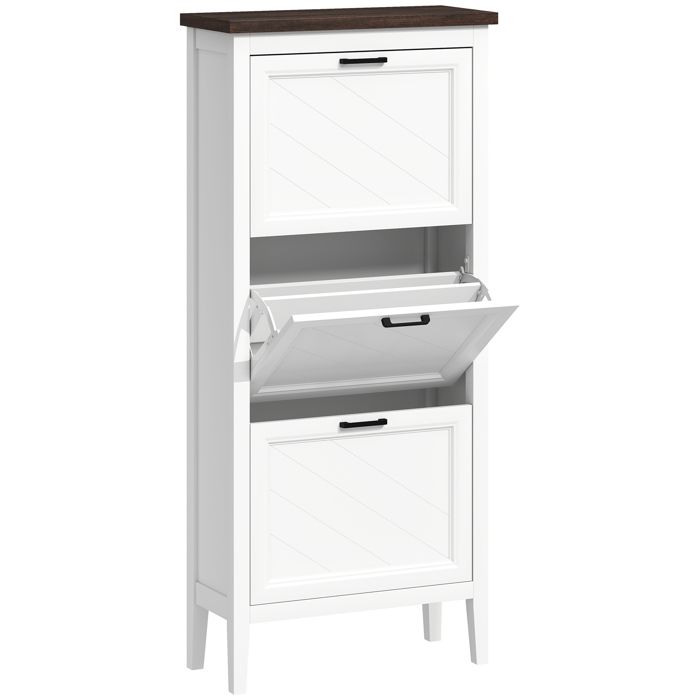 LIA Meuble à chaussures 18 paires armoire à chaussures étroite avec 3 tiroirs rabattables et étagères réglables blanc
