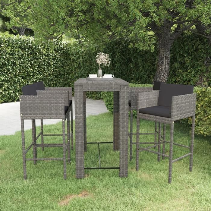 Gris Ensemble de bar de jardin 5 pcs et coussins Résine tressée Gris - Meuble de balcon LV50887