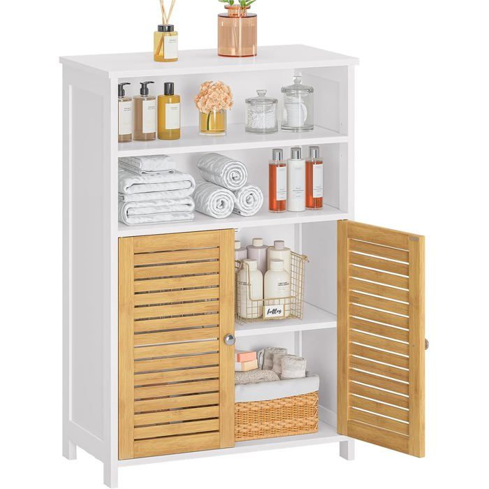 FORABAMB Meuble de Salle de Bain Armoire de Rangement en Bambou avec 2 Compartiments Ouverts et 2 Portes 60x30x100 cm