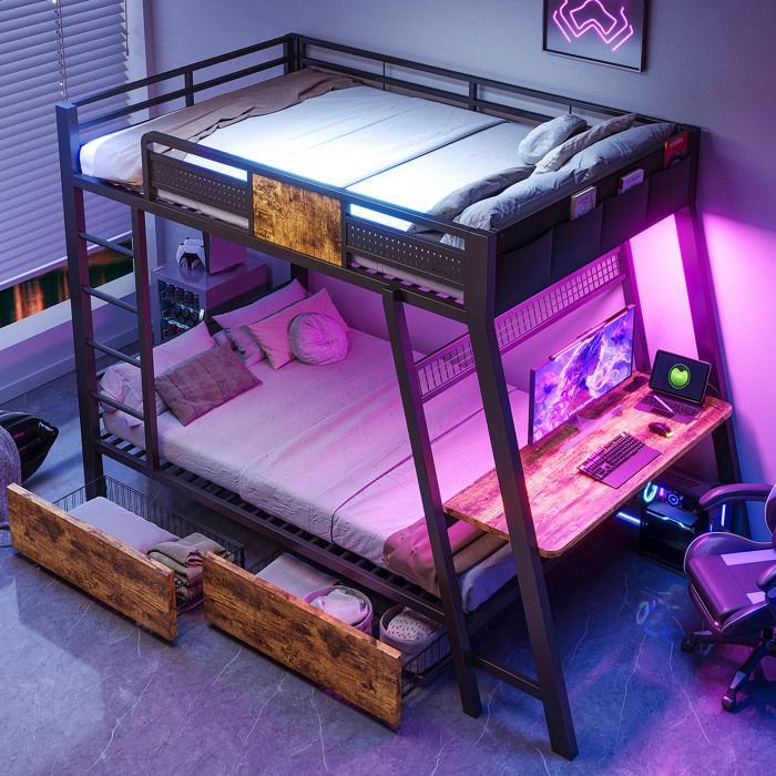 Lit superposé en métal 90x200 cm avec bureau gaming prises USB/Type-C LED rangement noir