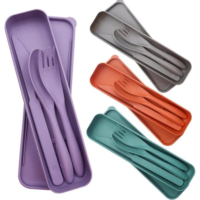 4 Pièces Couvert Pique Nique EtuiPortable Couvert de Voyage Reutilisable VertOrangeVioletGris