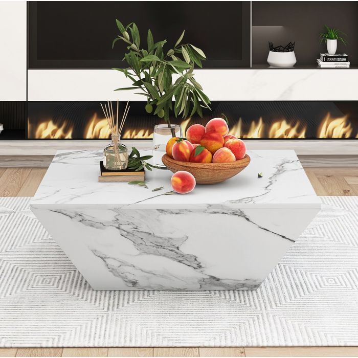 Table basse blanche effet marbre 70x70x37 cm avec 2 tiroirs MDF design moderne luxe léger TYNQER