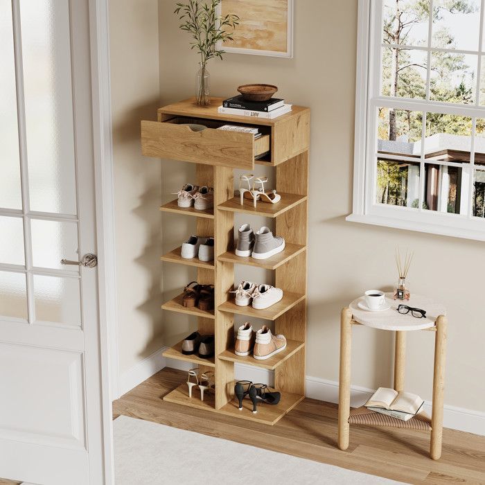 Meuble à Chaussures - 55x33x133cm - Étagère à Chaussures Ouverte 10 Niveaux avec 1 Tiroir Supérieur - Chêne Naturel