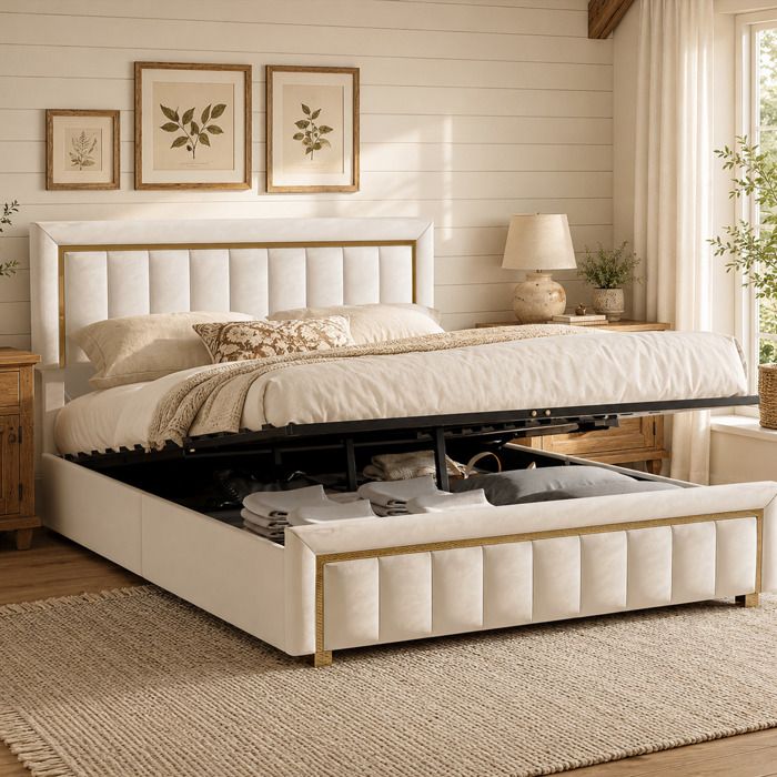Lit Coffre 180x200 en Velours Lit Adulte Hydraulique avec Grand Rangement Tête de lit Capitonnée Sommier Inclus King Size Beige