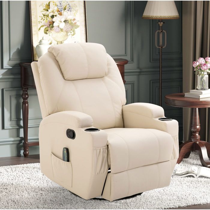 Fauteuil Relax Massant En Simili Cuir Blanc Crème Fauteuil Inclinable Électrique FloraGrace Pour Salon Rotation 360° 84x92x109cm