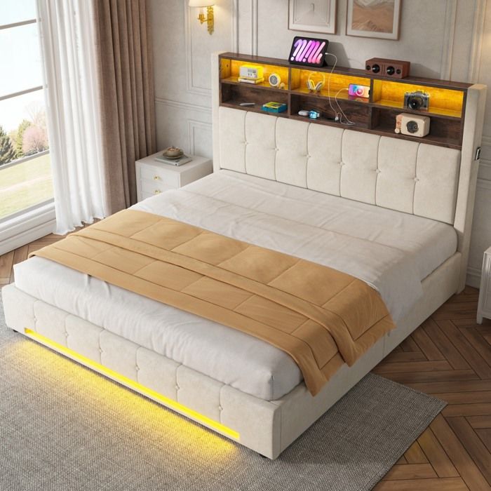 Lit coffre beige 180 x 200 cm avec tête de lit multifonction USB-C LED rangement hydraulique et cadre métal