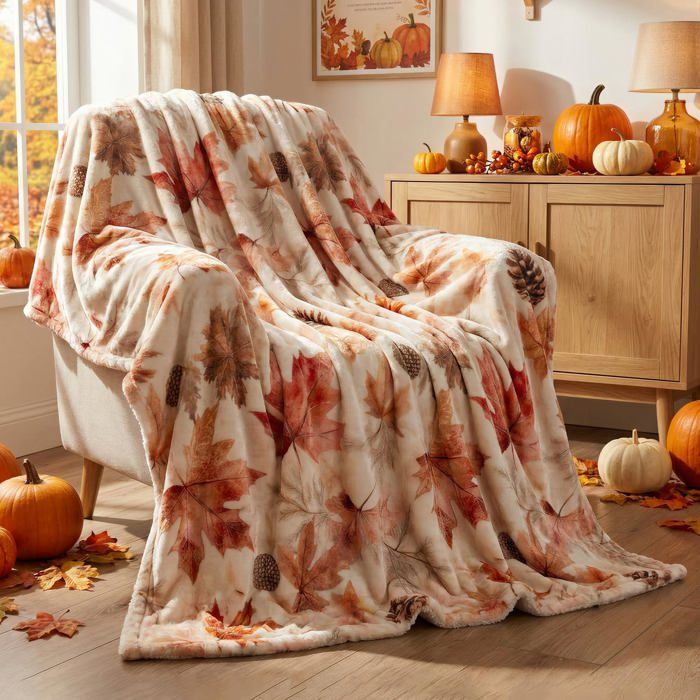 Plaid polaire flanelle sherpa 130x150 cm - Motif feuilles dérable orange - Douce couverture canapé