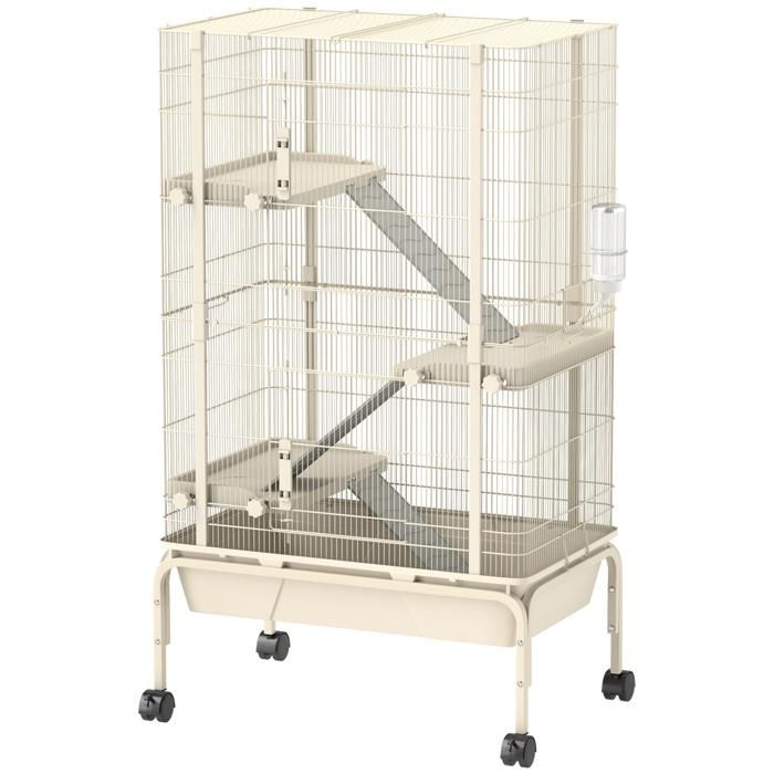 Cage pour lapin enclos à 4 niveaux avec 2 portes 3 rampes plateau profond roulettes 69 x 44 x 120 cm beige