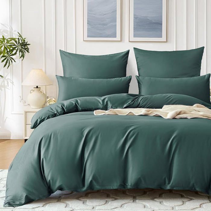 Housse de Couette 240x260 Satin de Coton Vert Foncé  Soyeux et 240x260cm + 2 x Taie Oreiller 65x65cm Vert Foncé  PACK LINGE DE LIT