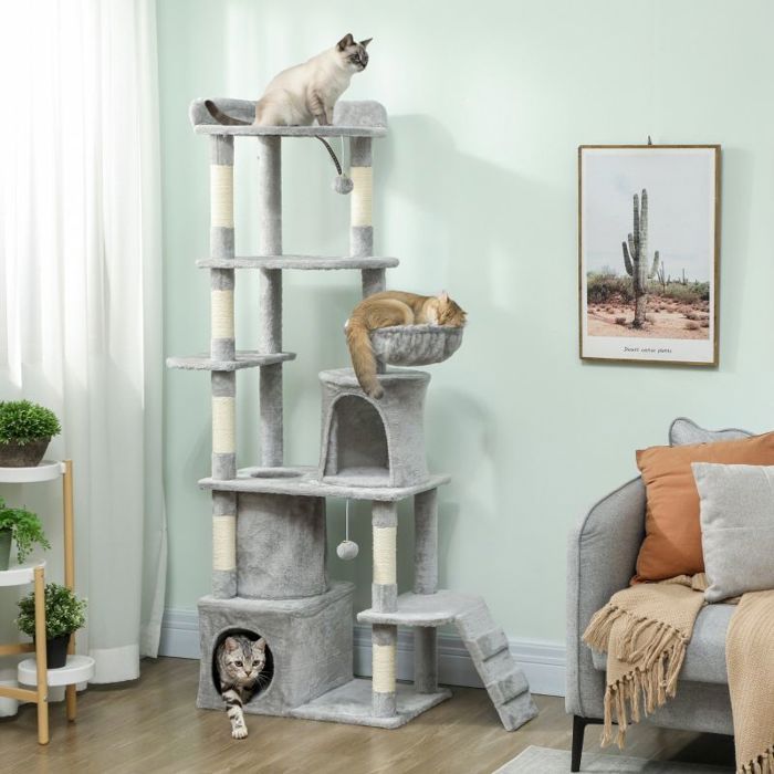 Arbre à chat 170 cm tunnel niches grande base poteaux en sisal gris clair Arbre à chat 170 cm tunnel niches grande base poteaux en sisal gris clair