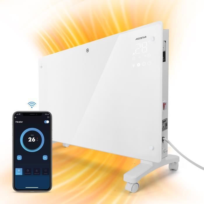 Aigostar Helen Smart - Radiateur Electrique, 2000W, Convecteur Électrique à Panneau de Verre Ultra Fin, Connexion Wi-Fi, Alexa, Minuterie 24h, 3 Modes, Écran Tactile Led. Programmable
