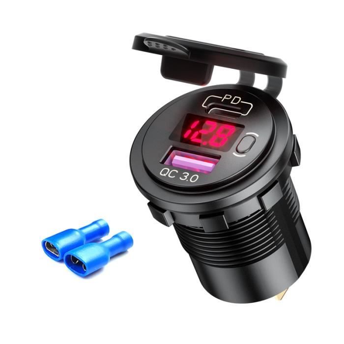 Chargeur USB Moto 60W étanche – Double Port QC3.0 PD + Voltmètre LED 12V/24V