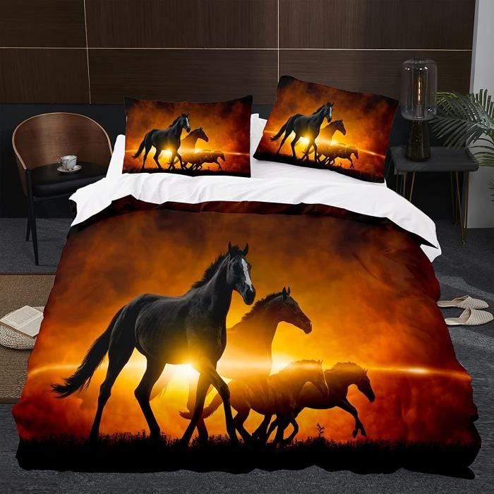 200x200CM-Parure de Lit 1 Personnes Enfants Cheval Animal Microfibre 3D Housse de Couette avec 2 Taies doreiller[4073]