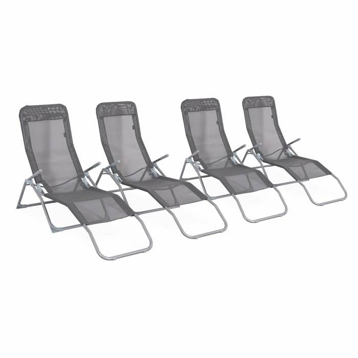 Lot de 4 bains de soleil pliants - Levito Anthracite - Transats textilène 2 positions. chaises longues Lot de 4 bains de soleil pliants - Levito Anthracite - Transats textilène 2 positions. chaises longues