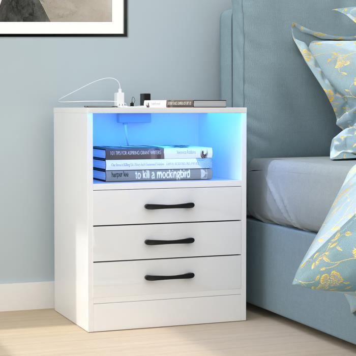COSTWAY Table de Chevet LED avec 2 ports USB, étagère ouverte et tiroir