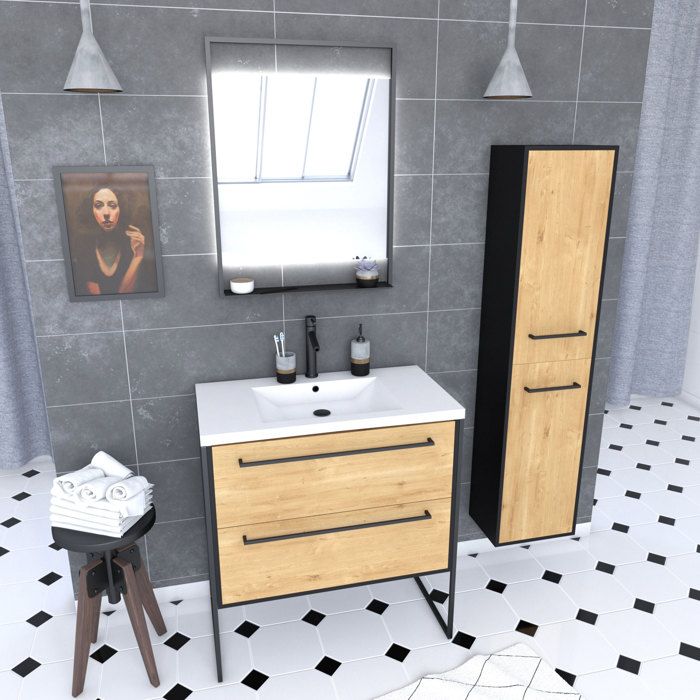 Meuble Salle de Bains 80 cm Vasque Blanche Miroir Led et Colonne - Chêne et Noir - STRUCTURA