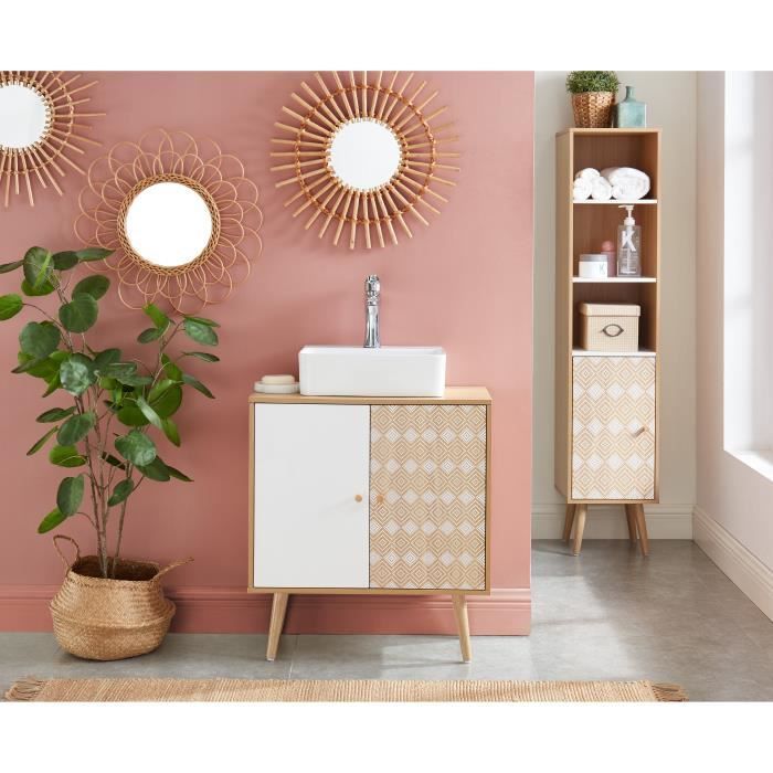 Meuble sous lavabo - BAÏTA - LEIKA - Blanc et effet chêne - L 60 x P 295 x H 65 cm