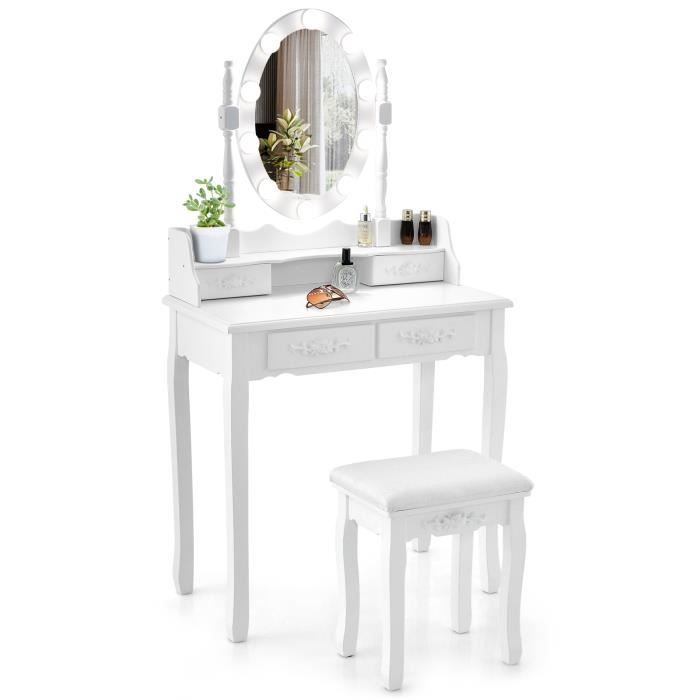 COSTWAY Coiffeuse Table de Maquillage avec Tabouret - Miroir Ovale Rotatif à 360° Ampoule Réglable en 3 Couleurs 4 Tiroirs - COSTWAY Coiffeuse Table de Maquillage avec Tabouret - Miroir Ovale Rotatif à 360° Ampoule Réglable en 3 Couleurs 4 Tiroirs -