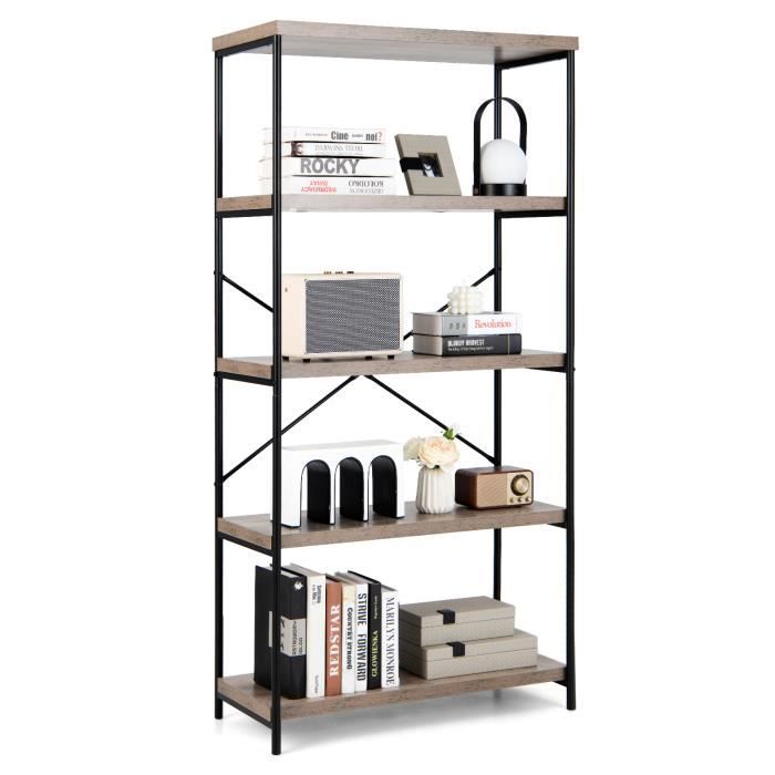 costway bibliothèque étagère à 5 niveaux meuble de rangement industriel avec cadre en métal et dispositif anti-basculement gris