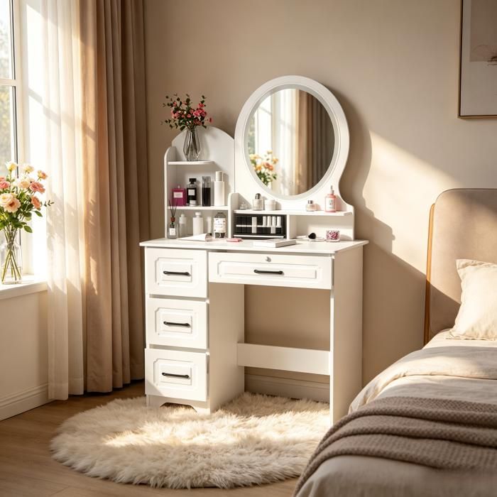 Coiffeuse - Table de Maquillage avec 4 Tiroirs et 6 Compartiments - 3 niveaux de luminosité réglables - Dimensions 137*80*40cm-Blanc