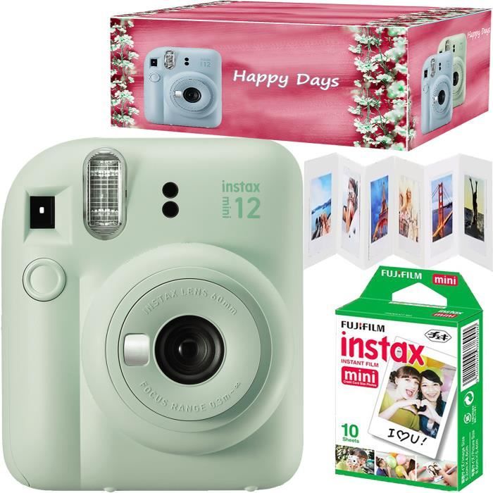 Fujifilm Instax Mini 12, Appareil photo instantané, couleur vert menthe, avec 10 films, cadre accordéon et boîte Happy Days