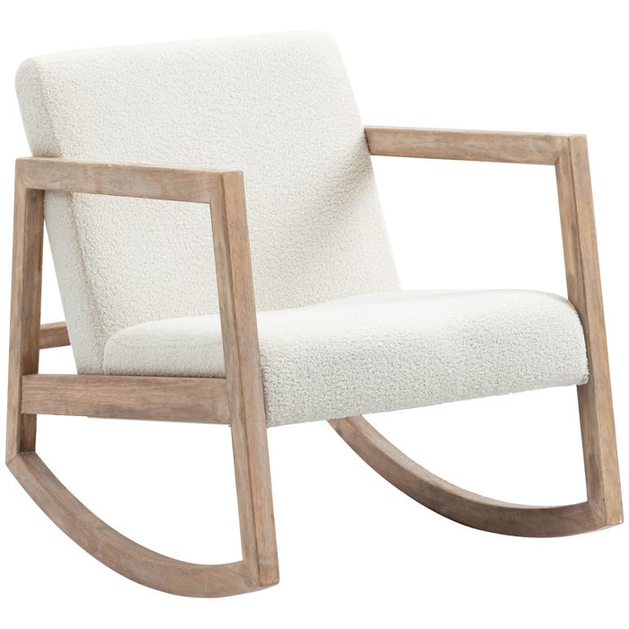 Fauteuil à bascule - HOMCOM - allaitement rocking chair tissu laine bouclée pieds hévéa - bois lin - blanc crème