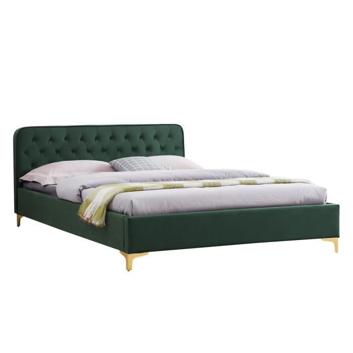 lit double glamour couchage 140x190 cm, avec sommier et pieds en métal doré, style baroque, revêtement en velours capitonné vert