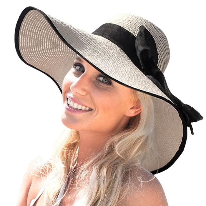 Chapeau De Soleil Femme WSLCN - Bord Large 15cm - Pliable - Anti-UV - Ruban Décoratif - Taille Unique 55-60cm
