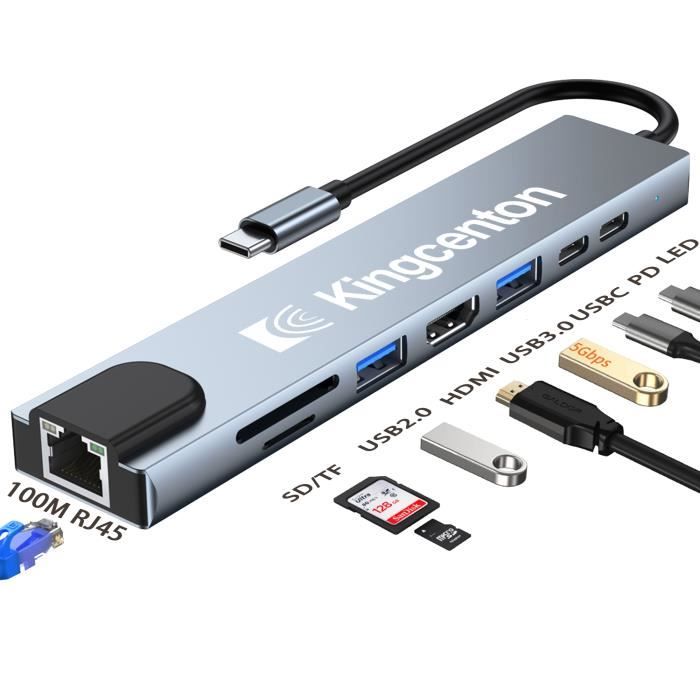 Kingcenton Hub USB C -8 en 1 Adaptateur -PD100W- Ethernet RJ45, HDMI 4K-USB-C et USB3.0, Lecteur de Carte SD-TF KIN-27