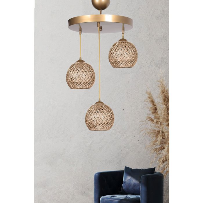 Suspension 3 lampes escalier Brax D32cm Métal Or et Coton Beige