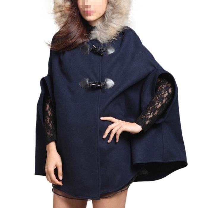 Manteau Femmes Capuche Poncho Cape Marine DJT Faux Fourrure Elagant Veste Parka chauves souris